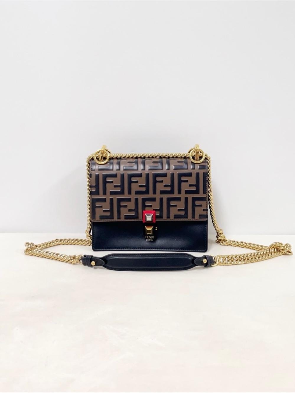 Fendi Black & Brown FF Logo Leather Shoulder Bag with Gold Chain
